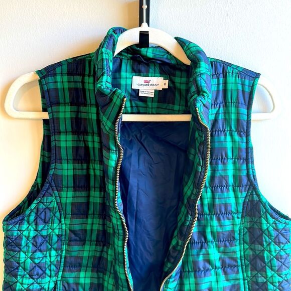 Vineyard Vines Navy and Kelly Green Puffer Vest M Front Pockets Gold Zipper - Picture 4 of 5